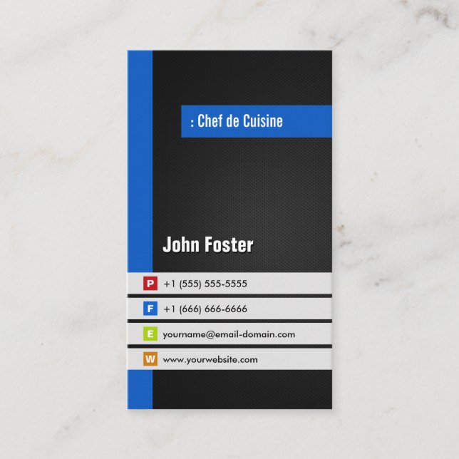 Chef de Cuisine - Modern Stylish Blue Business Card (Front)
