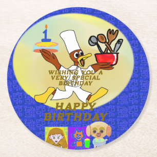 Chef Ducky Kazoo Blue Geometric Paper Coaster