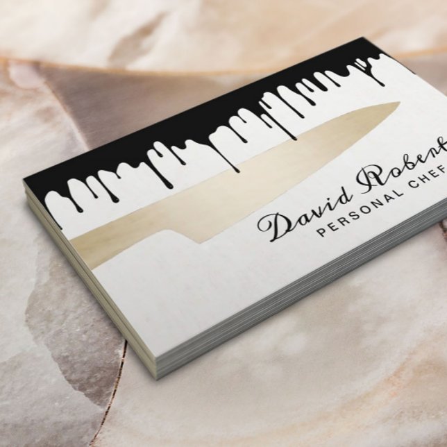 Chef Gold Knife Catering Modern Black Dripping Business Card (Creator Uploaded)