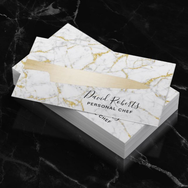 Chef Gold Knife Catering Modern White Marble Business Card (Creator Uploaded)