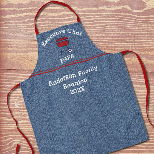Chef Grandpa Reunion Blue Denim Print Red Accents Apron