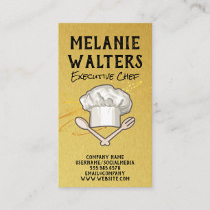 Chef Hat and Cooking Utensils Logo Gold Business Card