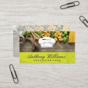 Chef Hat and Knife Wooden Table of Pastas Business Card