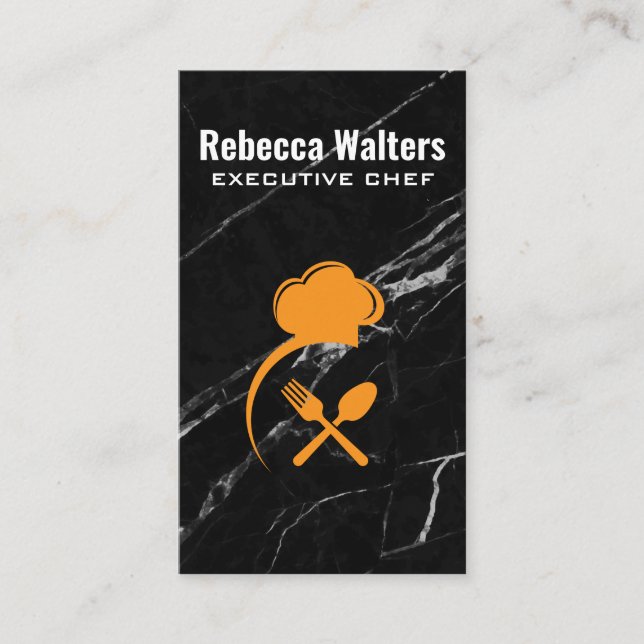 Chef Hat and Silverware | Black Marble Business Card (Front)