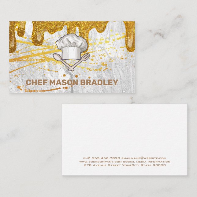 Chef Hat | Gold Splatter | Gold Glitter Drip Business Card (Front/Back)