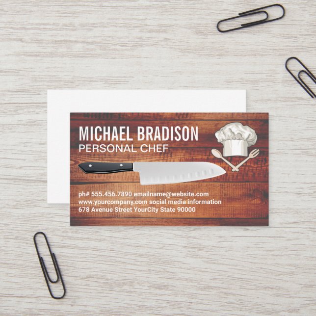 Chef Hat | Knife | Wood Business Card (Front/Back In Situ)