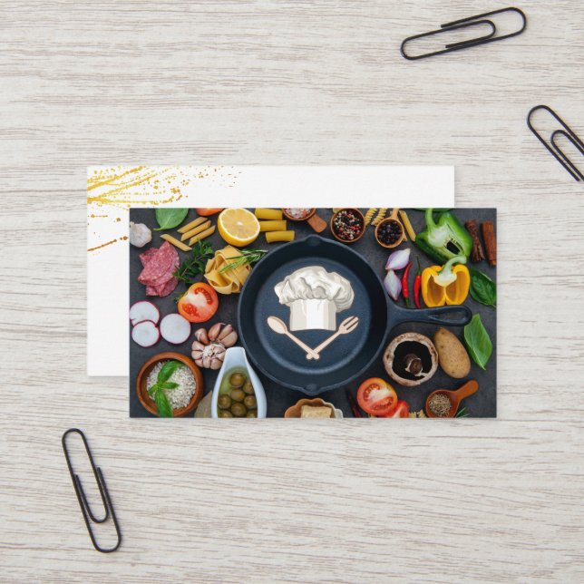 Chef Hat Logo | Frying Pan | Food Vegetables Business Card (Front/Back In Situ)