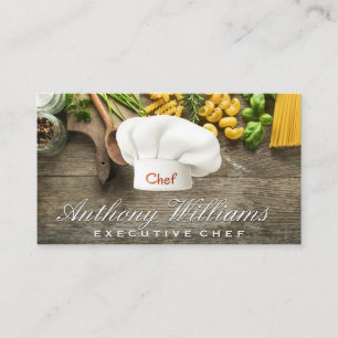 Chef Hat Logo   Wooden Table of Pastas Business Card