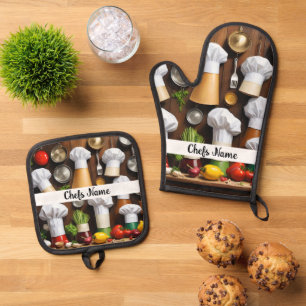 Chef Hats Personalised Oven Mitt & Pot Holder Set