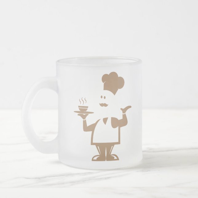 Chef holding a bowl of soup frosted glass coffee mug (Left)