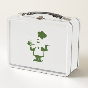 Chef holding a bowl of soup metal lunch box