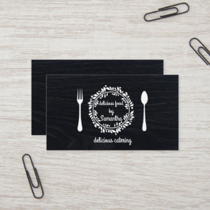 Chef Kitchen Catering Fork & Knife Wreath on Wood Business Card