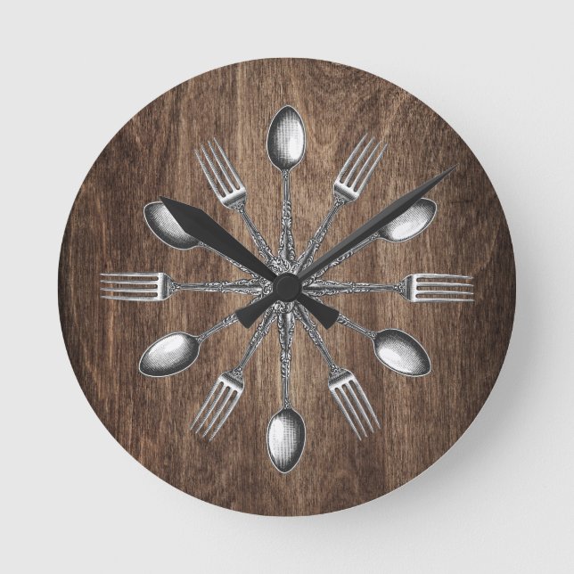 Chef Kitchen Utensils Elegant Dark Wood Round Clock (Front)