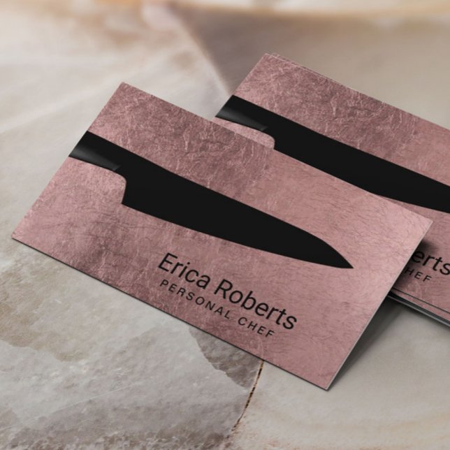 Chef Modern Rose Gold Black Knife Catering Business Card (Creator Uploaded)