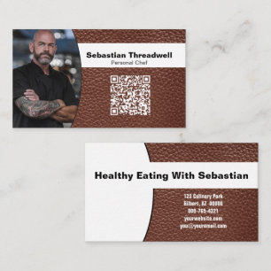 Chef Professional Photo Brown Leather QR Code Business Card