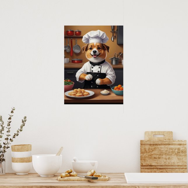 Chef Puppy Making Food Funny Dog Kitchen  Poster (Kitchen)