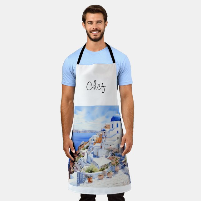 Chef Santorini Watercolor Apron (Worn)