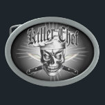 Chef Skull 3.1 Oval Belt Buckle<br><div class="desc">A cool sinister chef skull with glaring eyes, wearing his chef hat in front of two sharp crossed carving knives behind a spotlit background. Entitled "Killer Chef, " this product is a great gift for the head chef, sous chef, pastry chef, line cook, home cook, or anyone with a fierce...</div>