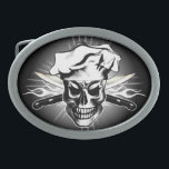 Chef Skull 3 Oval Belt Buckle<br><div class="desc">This design features a cool metallic chef skull wearing his floppy toque. Sharp crossed carving knives in front of a bold white flame are behind this hard headed cook, replacing traditional crossbones. This quality product was designed for the executive chef, sous chef, home cook, line cook, or any culinary professional...</div>