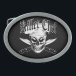 Chef Skull 4: Killer Chef Belt Buckle<br><div class="desc">A cool sinister chef skull wearing his chef hat, in front of two sharp crossed carving chef knives. Entitled "Killer Chef, " this product was designed for the head chef, sous chef, home cook, line cook, and anyone with a fierce passion for cooking. And skulls.Visit www.zazzle.com/thechefshoppe to see more cool...</div>