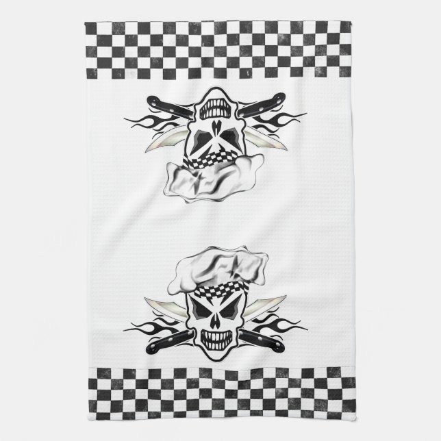 Chef Skull adn Flaming Chef Knives 2 Tea Towel (Vertical)