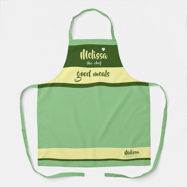 Chef striped green apron with her name (Front)