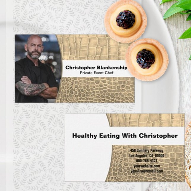 Chef Tan Faux Snake Skin Leather Custom Photo Business Card (Custom photo template business card front and back)
