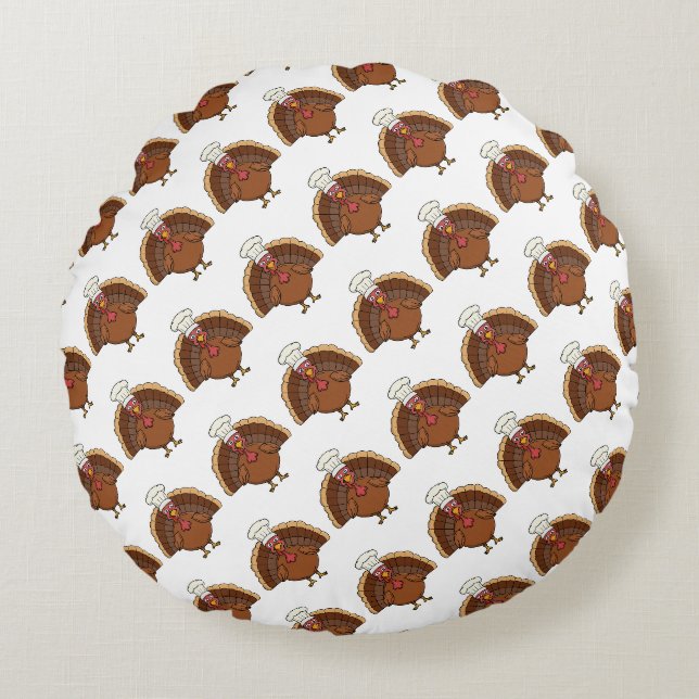 Chef Turkey Cartoon Thanksgiving Round Cushion (Front)
