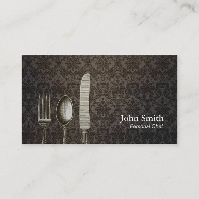 Chef Vintage Damask Antique Silverware Business Card (Front)