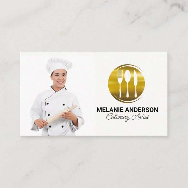 Chef with Rolling Pin | Dinnerware Logo Business Card (Front)