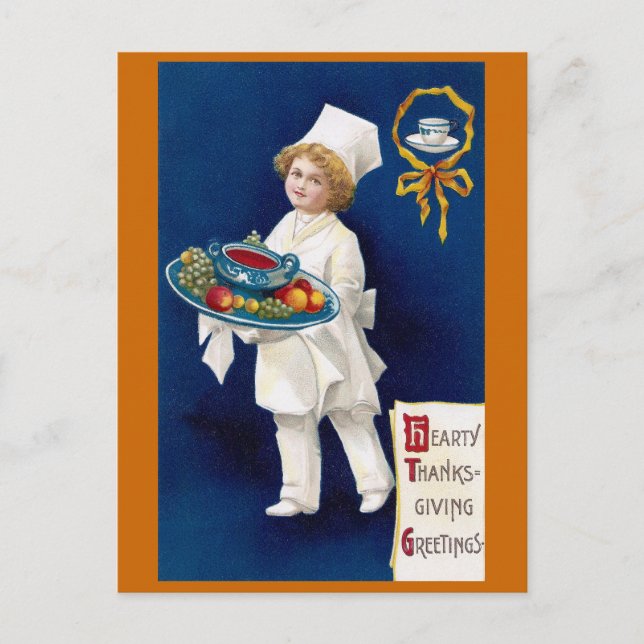 Chef with Tureen of Soup and Fruit Thanksgiving Holiday Postcard (Front)