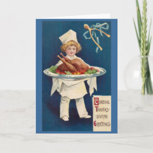Chef with Turkey on Platter and Wishbone Holiday Card