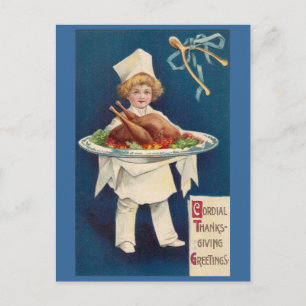 Chef with Turkey on Platter and Wishbone Postcard