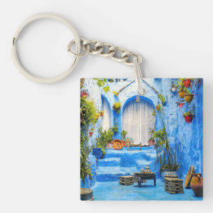 Chefchaouen Blue City Morocco Oil Painting Boho Key Ring