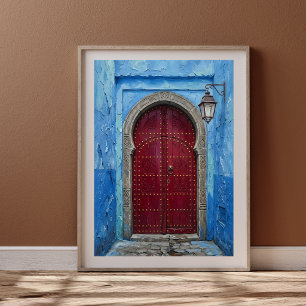 Chefchaouen Blue Wall & Crimson Moroccan Door Poster