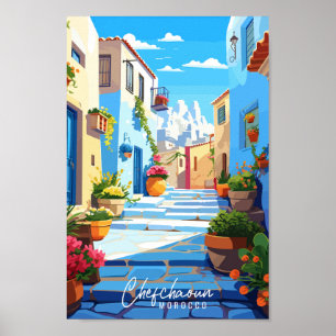 Chefchaoun Morocco vintage travel illustration Poster