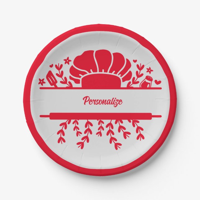 Chef's Hat Red Grey Cook Personalised Party Paper Plate (Front)