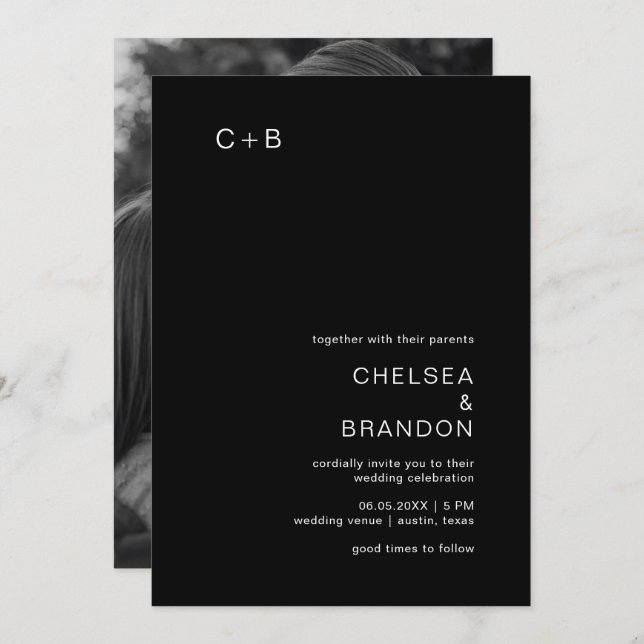 Chelsea Black Photo Modern Wedding Invitation (Front/Back)
