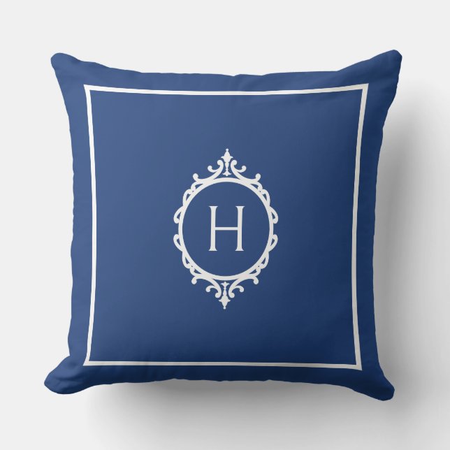 Chelsea Blue and White Monogrammed Throw Pillow (Front)