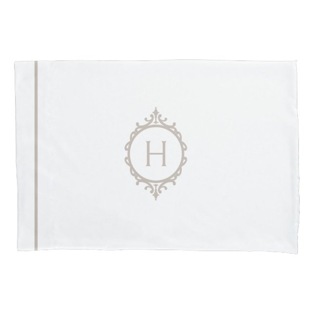 Chelsea Light Taupe and White Monogrammed Pillowcase (Front-Left)