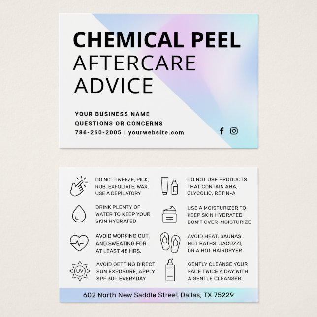 Chemical Peel Aftercare Instruction Card (Front & Back)