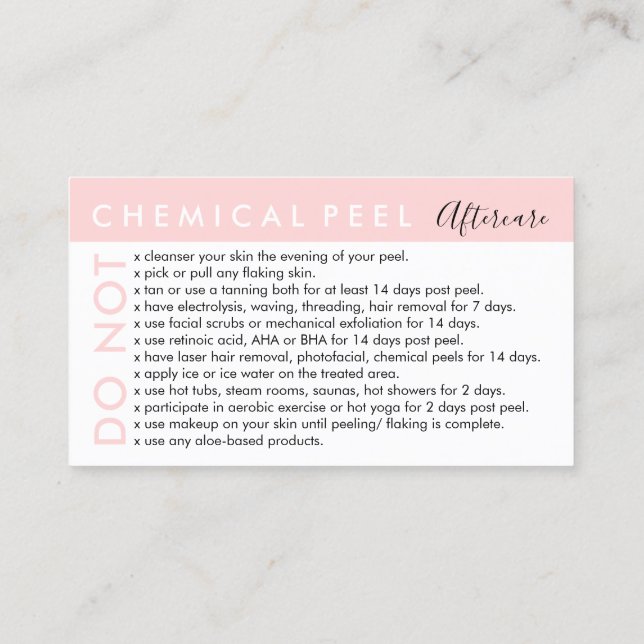 Chemical Peel Avoids Advices Aftercare Business Card (Back)