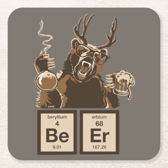 Chemistry bear discovered beer square paper coaster (Front)