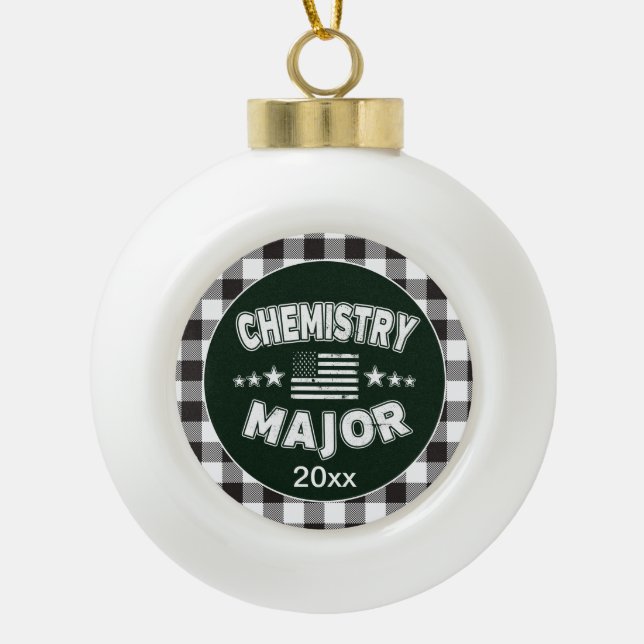 Chemistry Student White Plaid Ceramic Ball Christmas Ornament (Front)