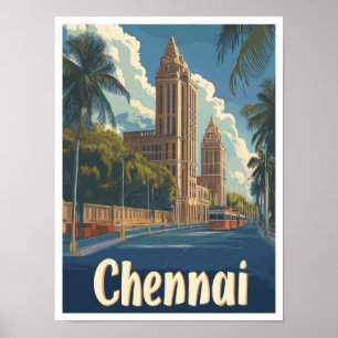 Chennai India Art Vintage Travel Illustration Poster