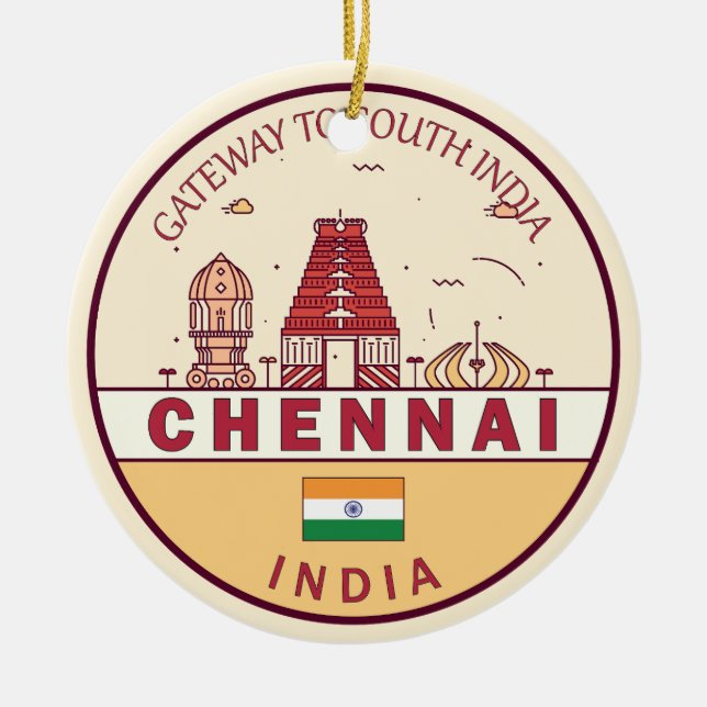 Chennai India City Skyline Emblem Ceramic Tree Decoration (Front)