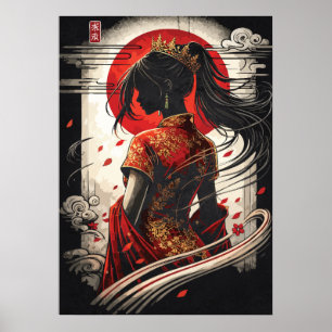 Cheongsam Chinese Red Moon Princess Anime Art Poster