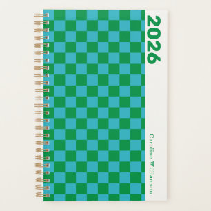 Chequerboard Blue Green Retro Personalised 2025 Planner