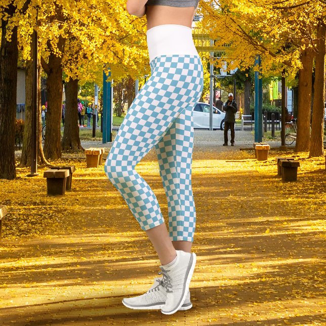 Chequerboard Blue White  Capri Leggings (Checkerboard Blue White Capri Leggings)