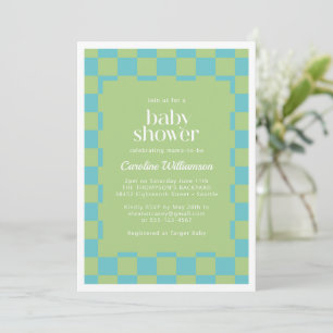Chequerboard Chequered Blue Green Baby Shower Invitation